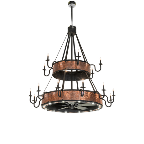 Front view of Costello two-tier chandelier fan in copper and black.