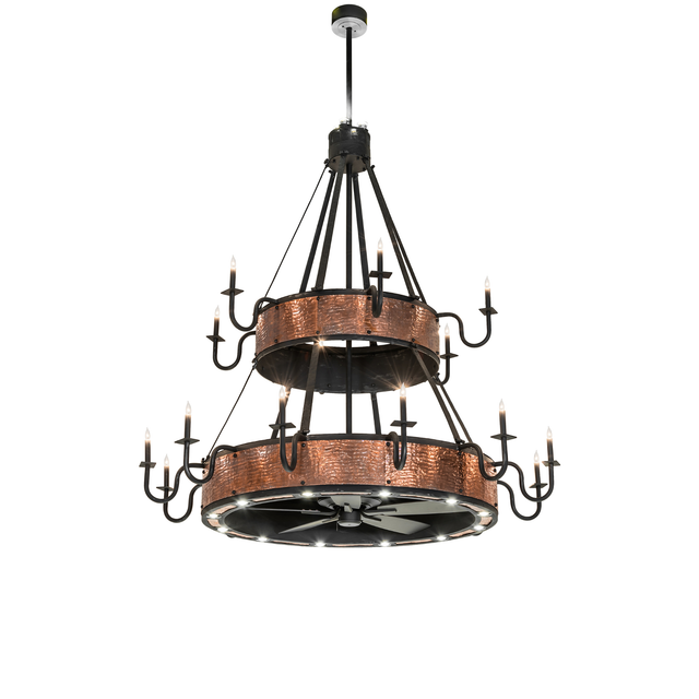 Front view of Costello two-tier chandelier fan in copper and black.