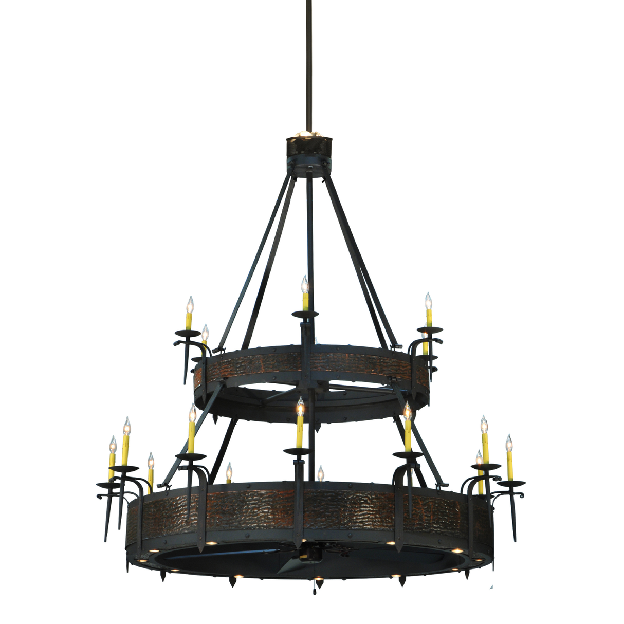 Front view of illuminated Costello Two Tier Chandel-Air with candle-style lights.