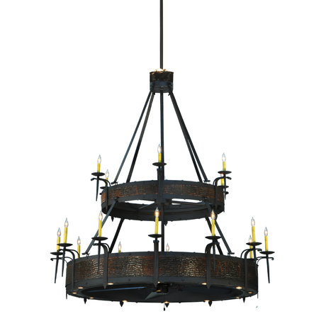 Front view of illuminated Costello Two Tier Chandel-Air with candle-style lights.