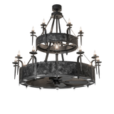 Front view of illuminated 62-inch Costello Two Tier Chandel-Air chandelier fan.