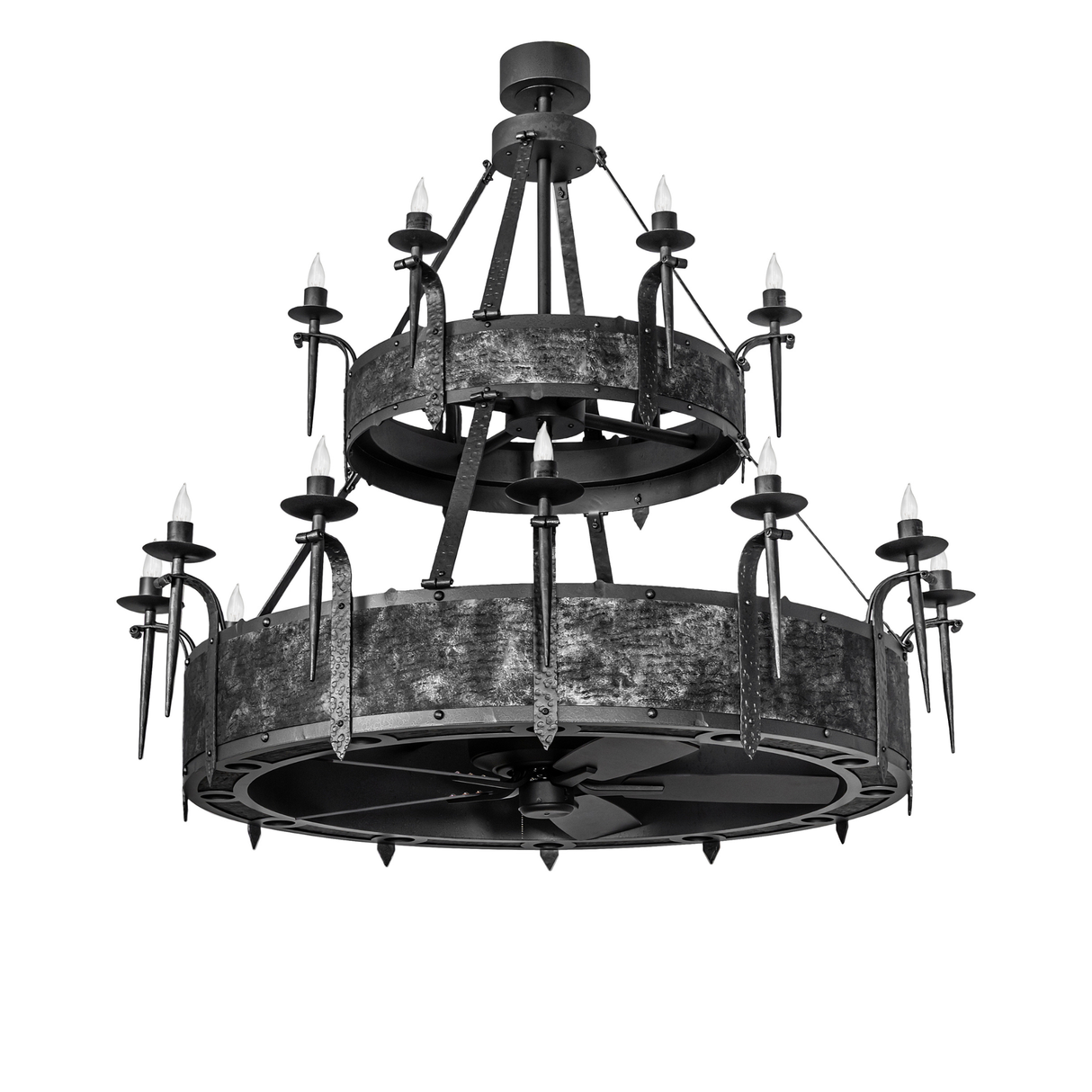 Unlit front view of Costello Two Tier chandelier fan showing rustic metal finish.