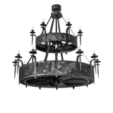 Unlit front view of Costello Two Tier chandelier fan showing rustic metal finish.