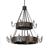 Mid-angle lit view showing warm glow and rustic detailing on copper bands.