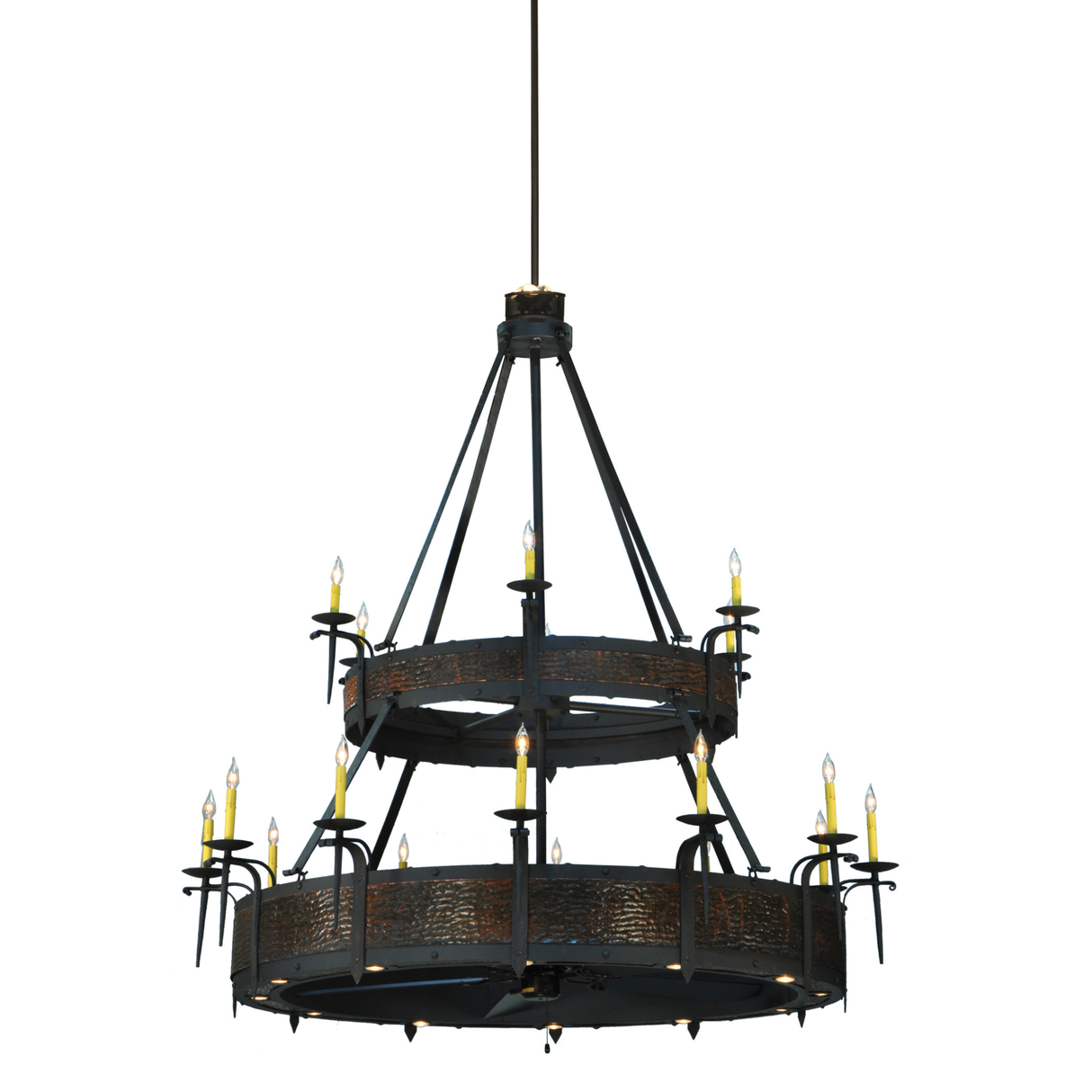 Side view showing hammered copper bands and candle-style bulbs.