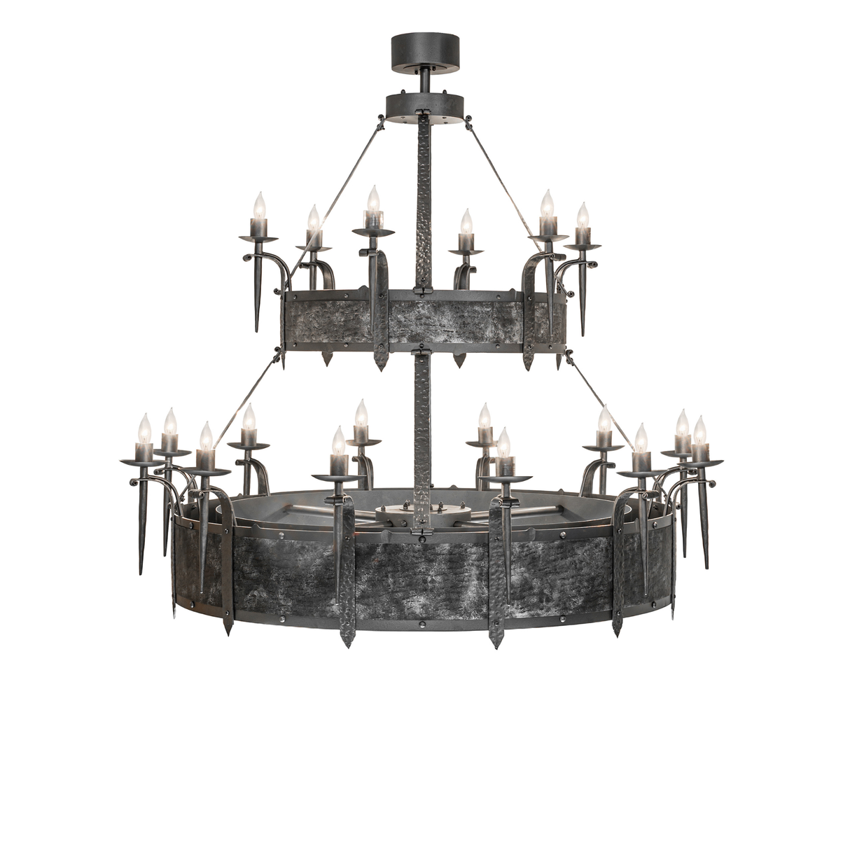 Side view of illuminated Costello Two Tier Chandel-Air in Old Wrought Iron finish.