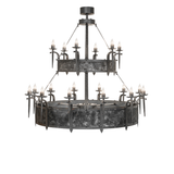 Side view of illuminated Costello Two Tier Chandel-Air in Old Wrought Iron finish.