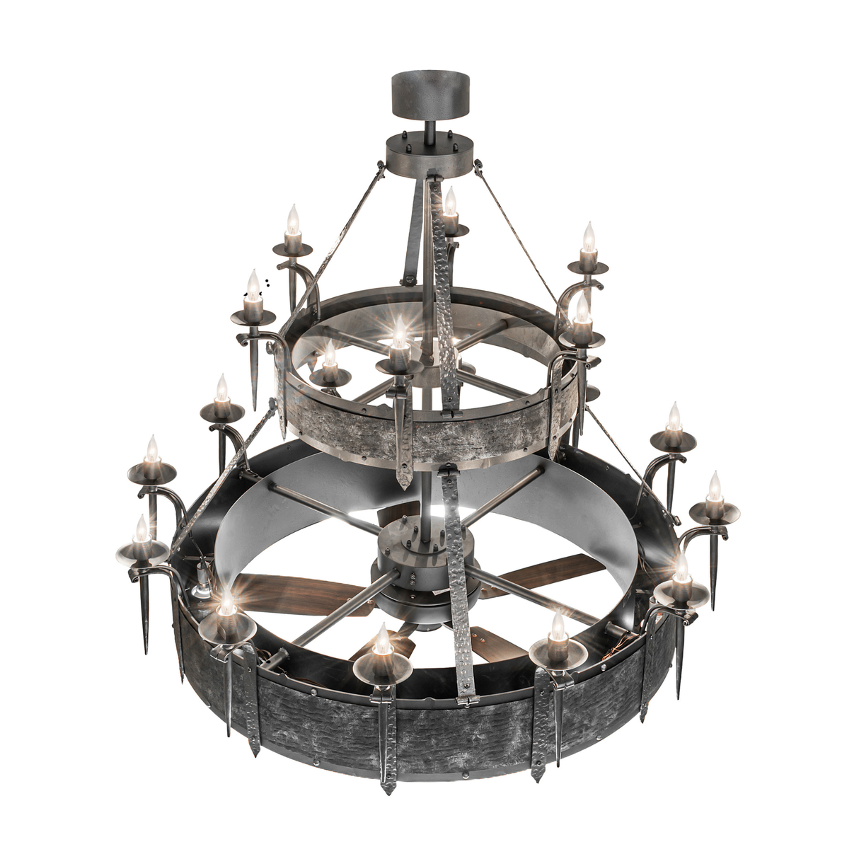 Top angle of 62-inch Costello chandelier fan with lit candle-style lights.