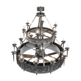 Top angle of 62-inch Costello chandelier fan with lit candle-style lights.