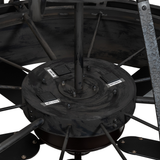Close-up underside showing fan motor housing and control labels.