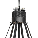Upper section detail of Costello chandelier fan in black metal.