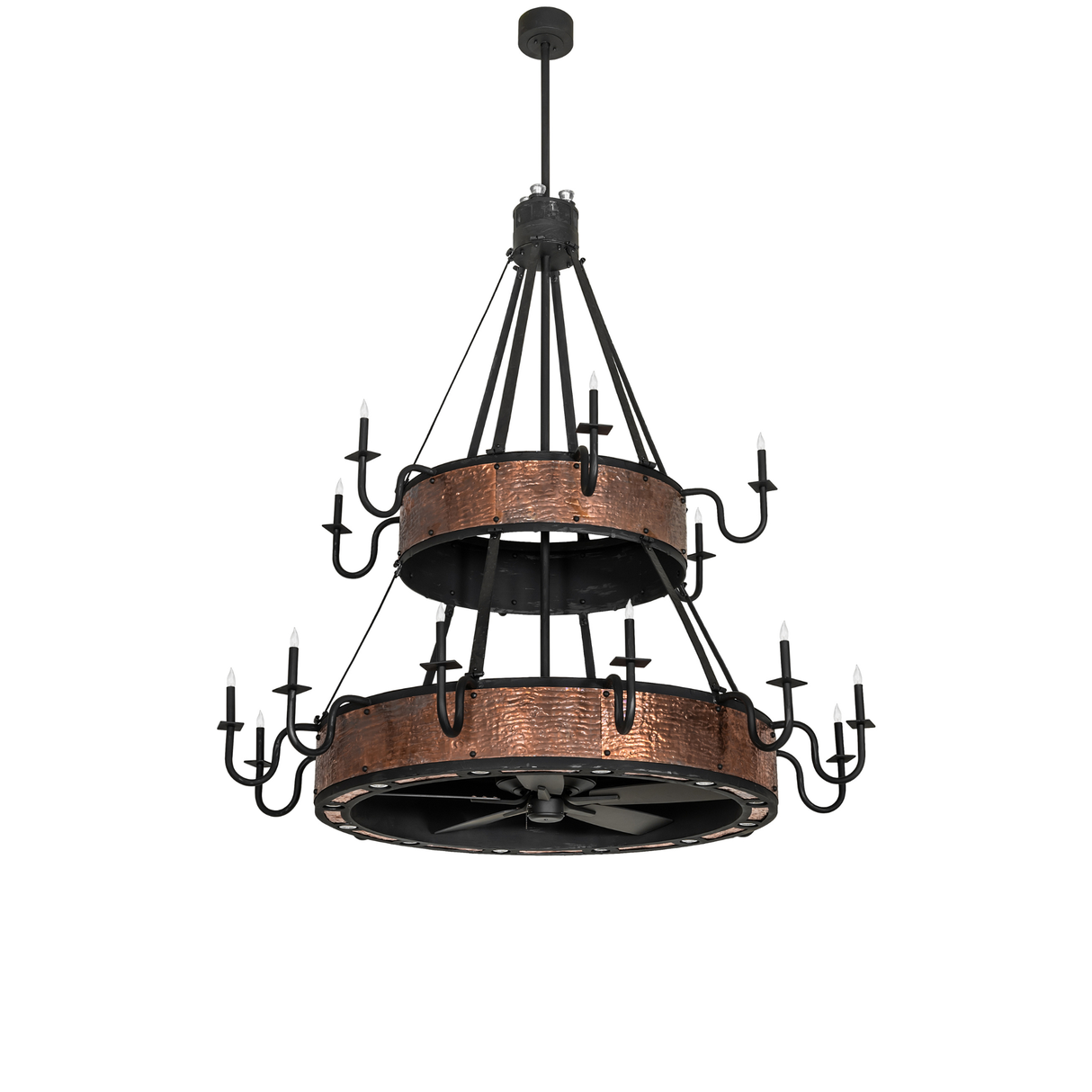 Unlit view of Costello two-tier chandelier fan with copper bands.