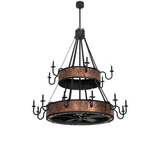 Unlit view of Costello two-tier chandelier fan with copper bands.