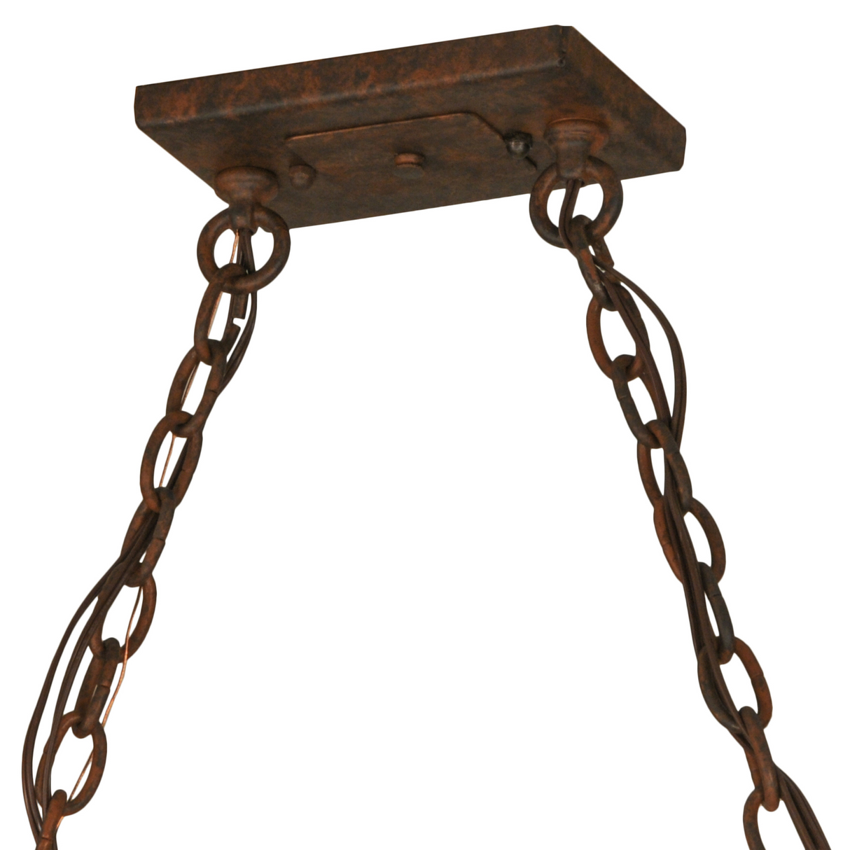 Oval pot rack chandelier with rustic chains and frame.