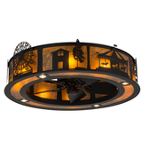 Front angled lit view showing amber mica diffuser and fair-themed silhouettes.