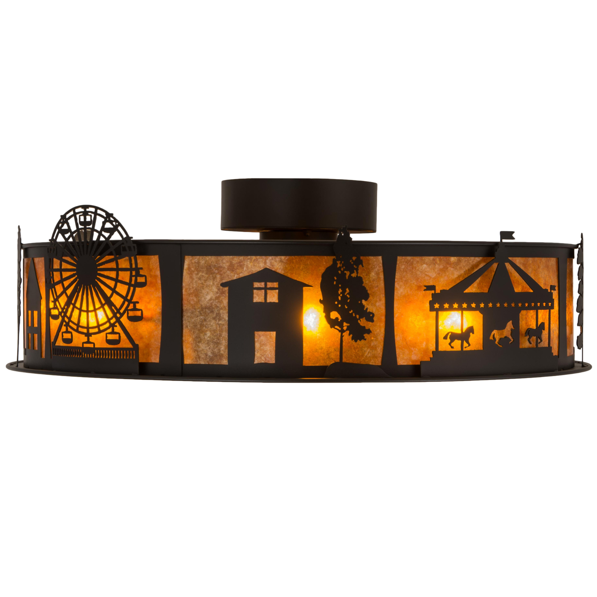 Side lit view showing illuminated carousel, Ferris Wheel, and house motifs.