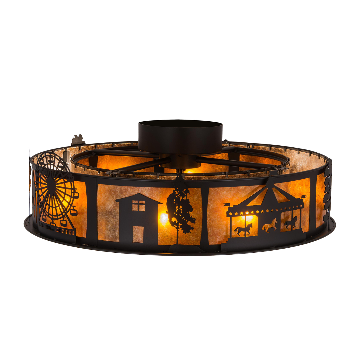 Top angled lit view showcasing handcrafted fairground metal art and glow.