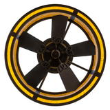 Bottom view showing fan blades surrounded by glowing amber mica.