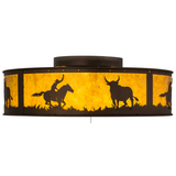 Front view showing cowboy and steer silhouette against glowing shade.