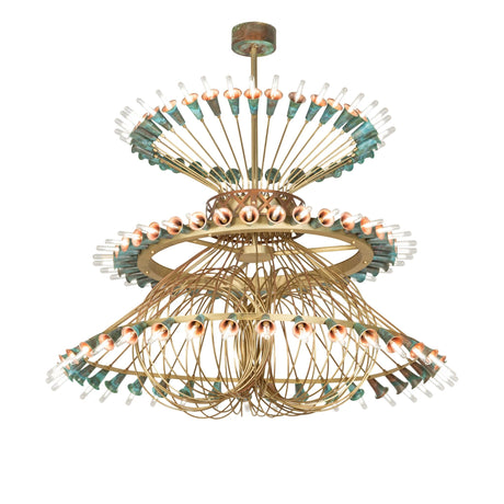 Coyle 108-light chandelier lit with verdigris copper trumpet socket cups.