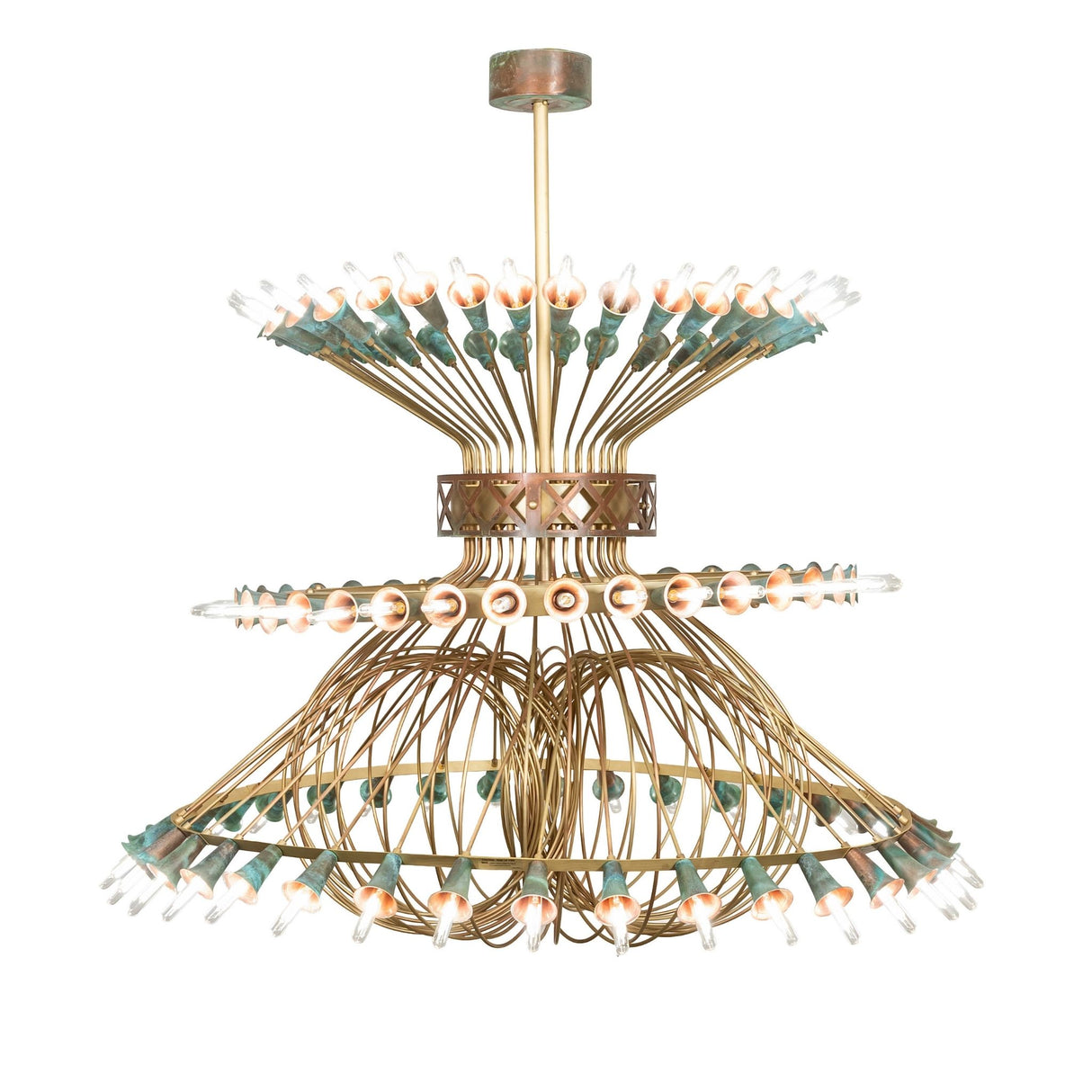 Side view of Coyle chandelier showing layered brass framework and socket cups.