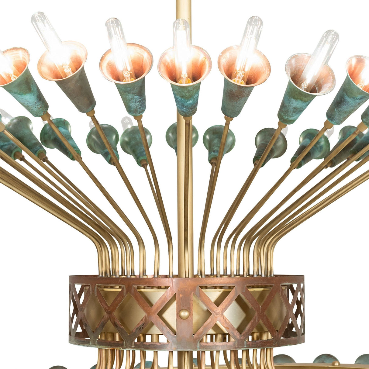 Close-up of verdigris copper trumpet socket cups on Coyle chandelier lights.