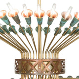 Close-up of verdigris copper trumpet socket cups on Coyle chandelier lights.