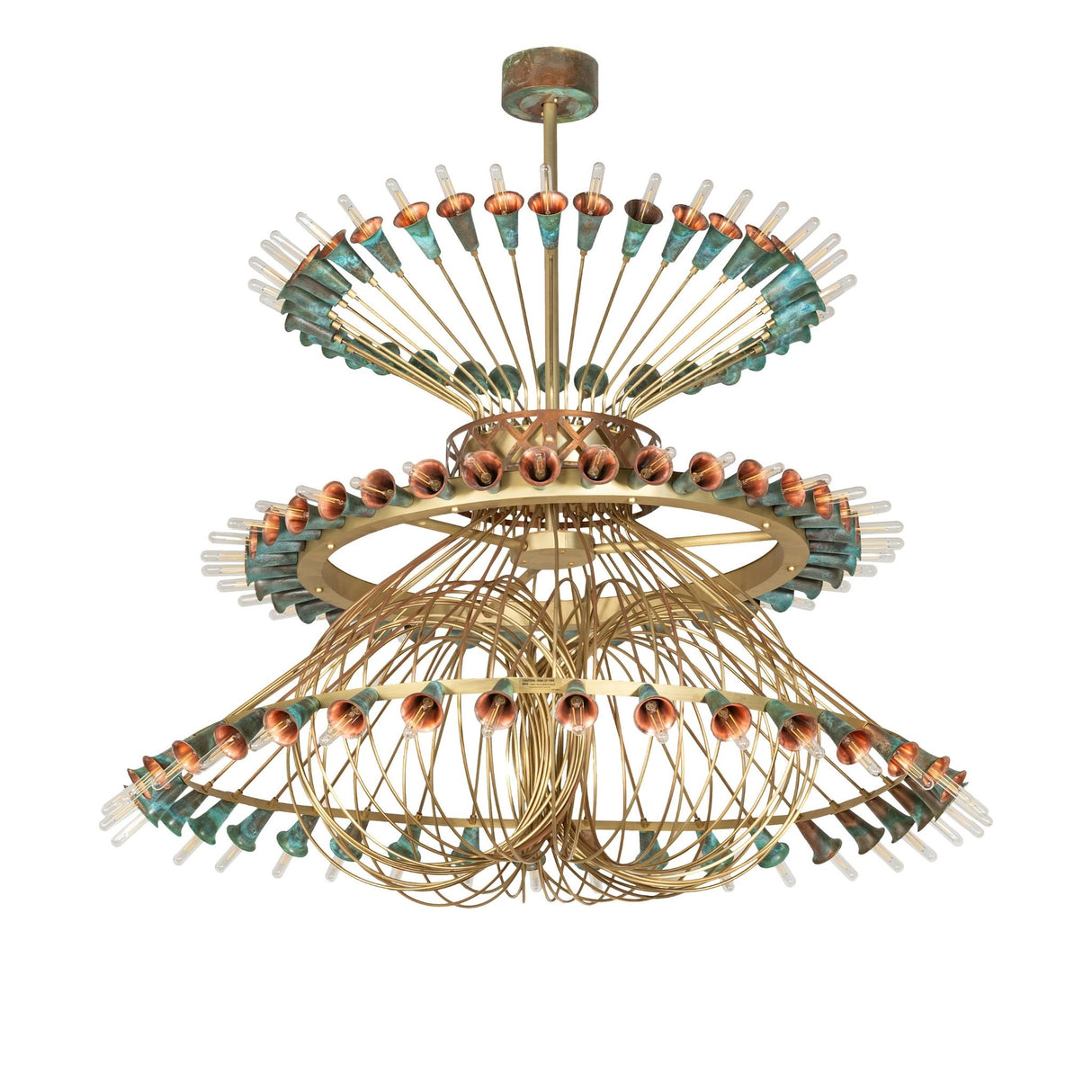 Unlit view of 108-light three-tier chandelier in brushed brass with verdigris copper cups.