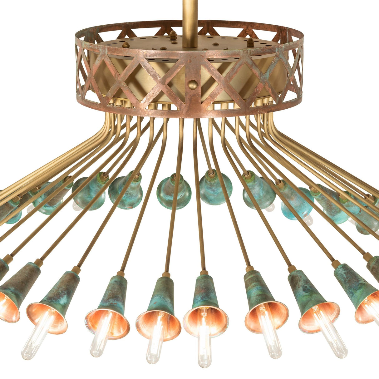 Close-up of copper band and brushed brass hub on Coyle 36 light chandelier.