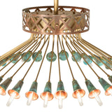 Close-up of copper band and brushed brass hub on Coyle 36 light chandelier.