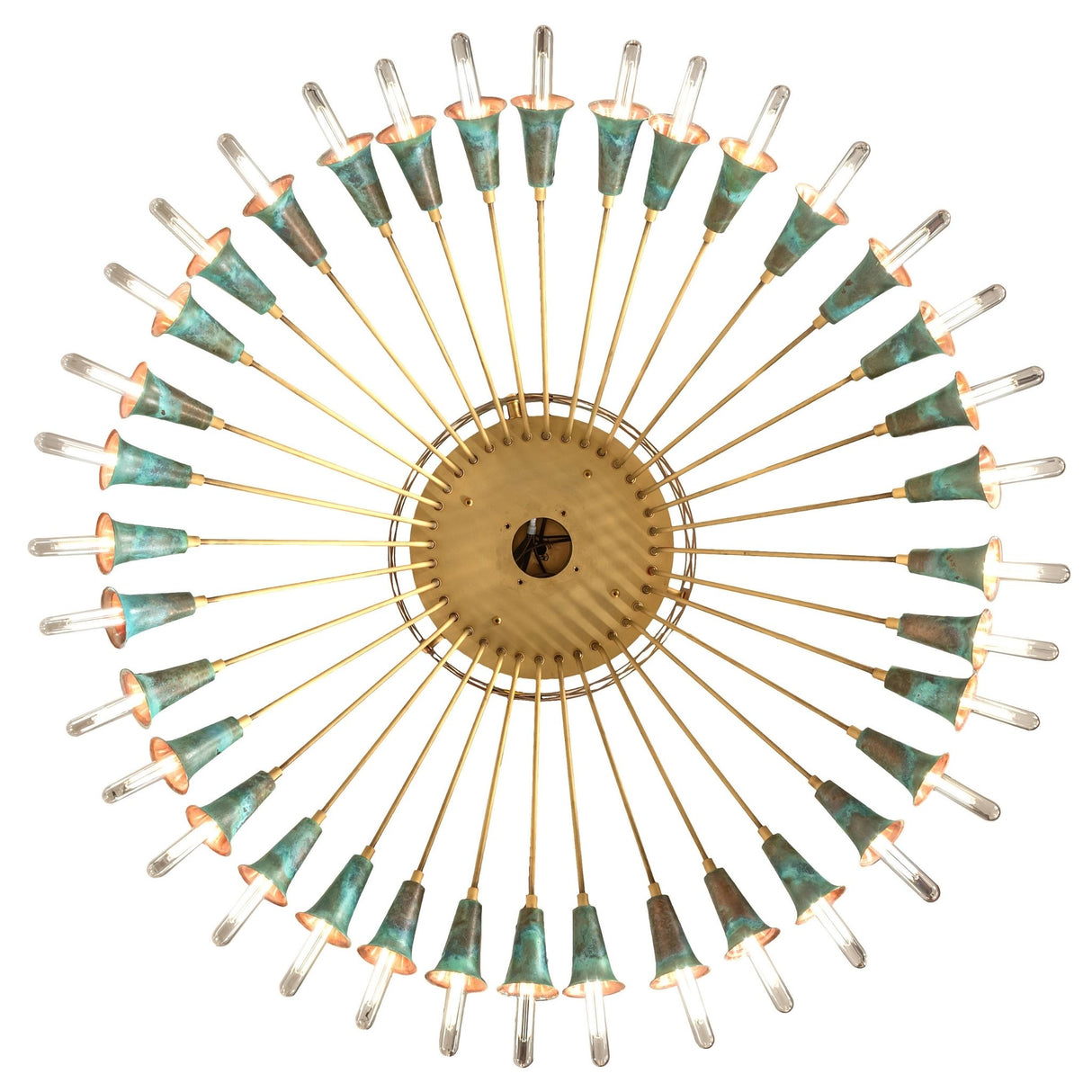 Bottom view of Coyle 36 light chandelier showing circular brass hub and radiating arms.