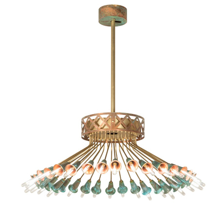 Coyle 36 light chandelier lit view with glowing lights and verdigris copper cups.