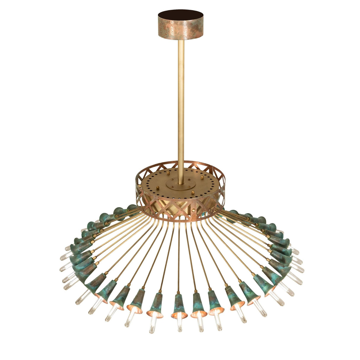 Top angle view of 36 light chandelier showing canopy rod and copper banding.