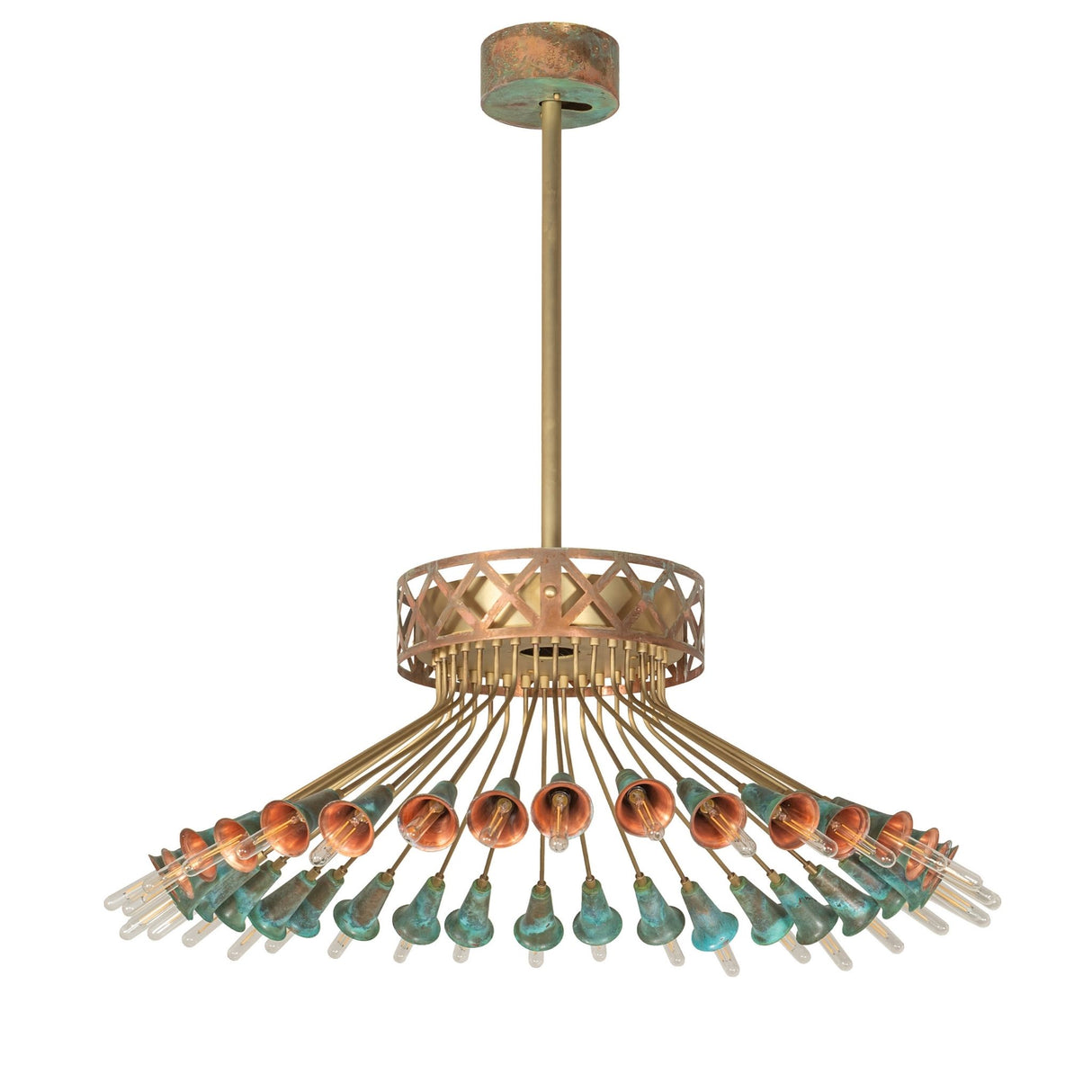 Coyle 36 light chandelier in brushed brass with verdigris copper sockets.