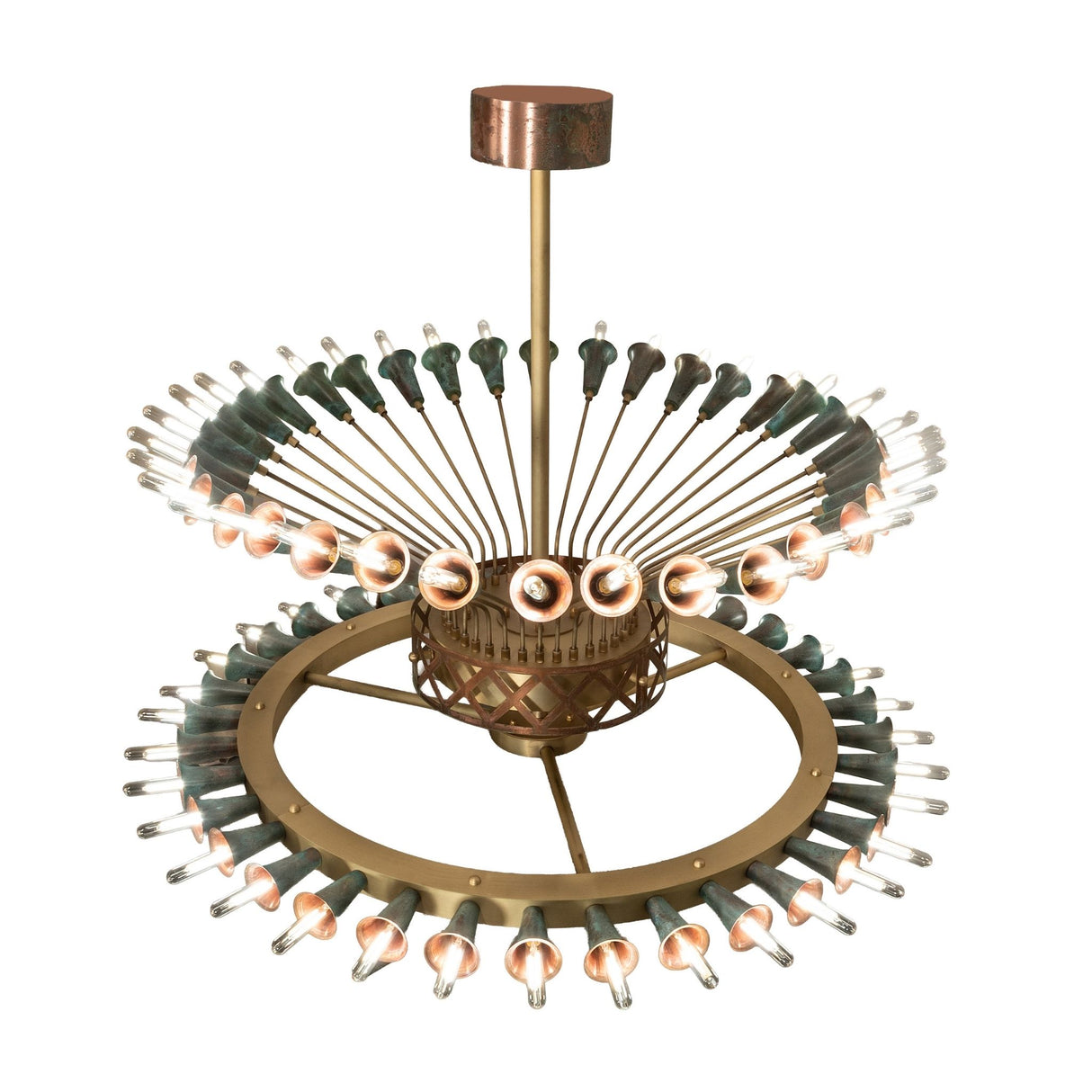Angled view of 72-light two-tier chandelier with brushed brass and verdigris copper cups.