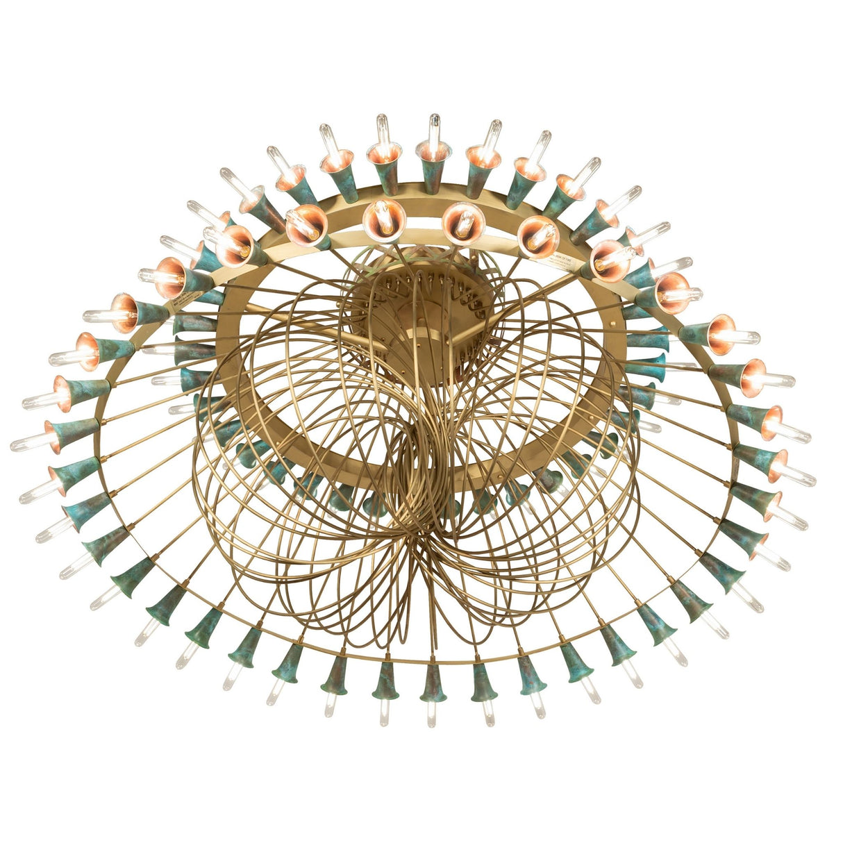 Bottom angle view of Coyle 72 light chandelier showing radial bulb layout.