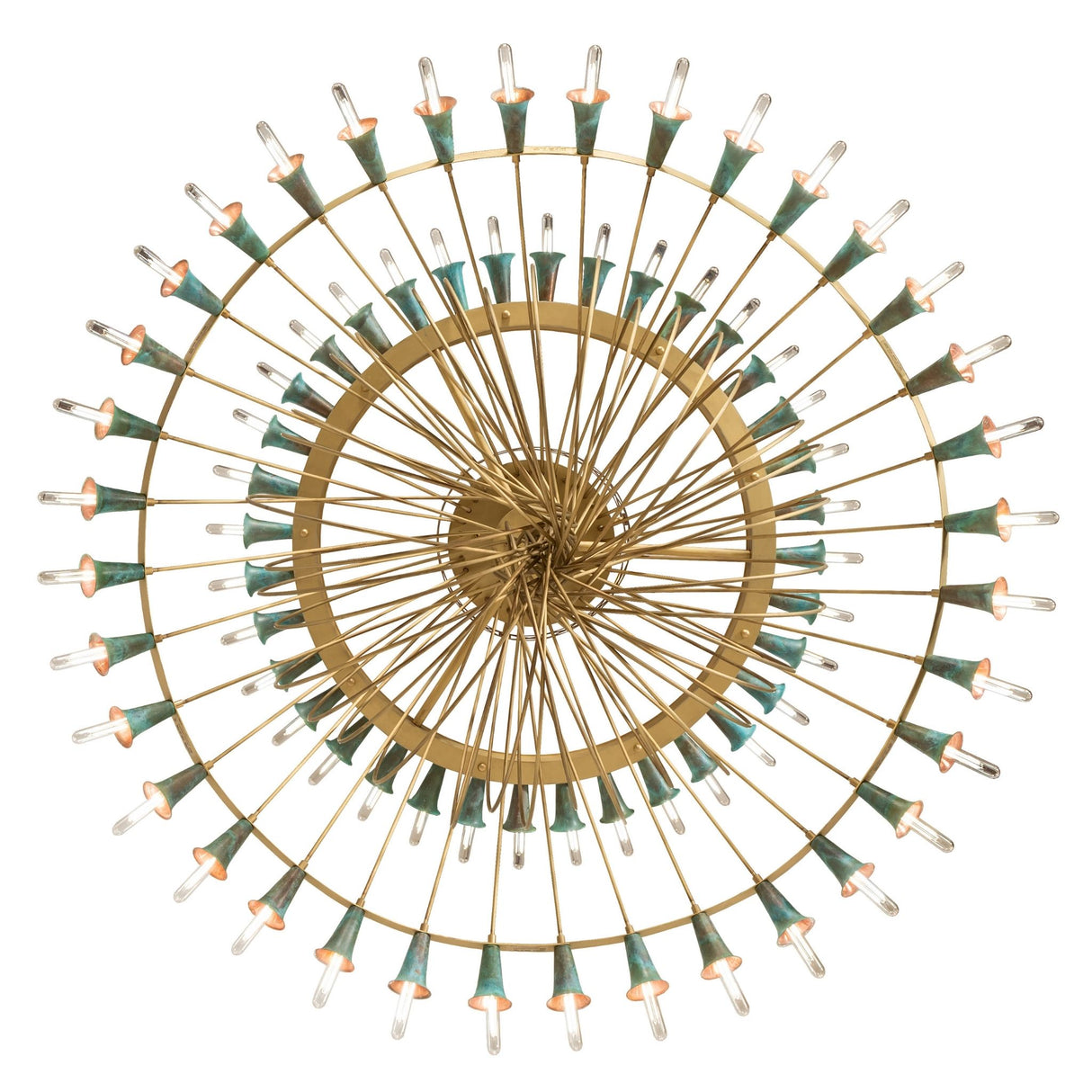 Bottom view of Coyle chandelier showing circular bulb layout and brass tubing structure.