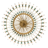 Bottom view of Coyle chandelier showing circular bulb layout and brass tubing structure.