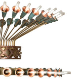 Close-up of chandelier brass arms and verdigris copper trumpet lily socket cups with bulbs.