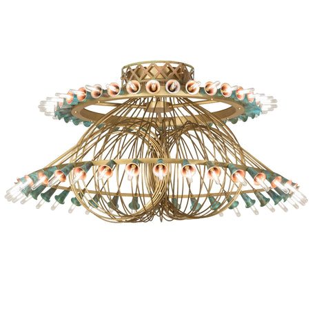 Coyle 72 light chandelier illuminated in lobby setting with verdigris copper trumpet lily cups.