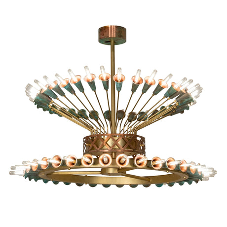 Coyle 72-light chandelier lit with trumpet lily copper socket cups and brass arms.