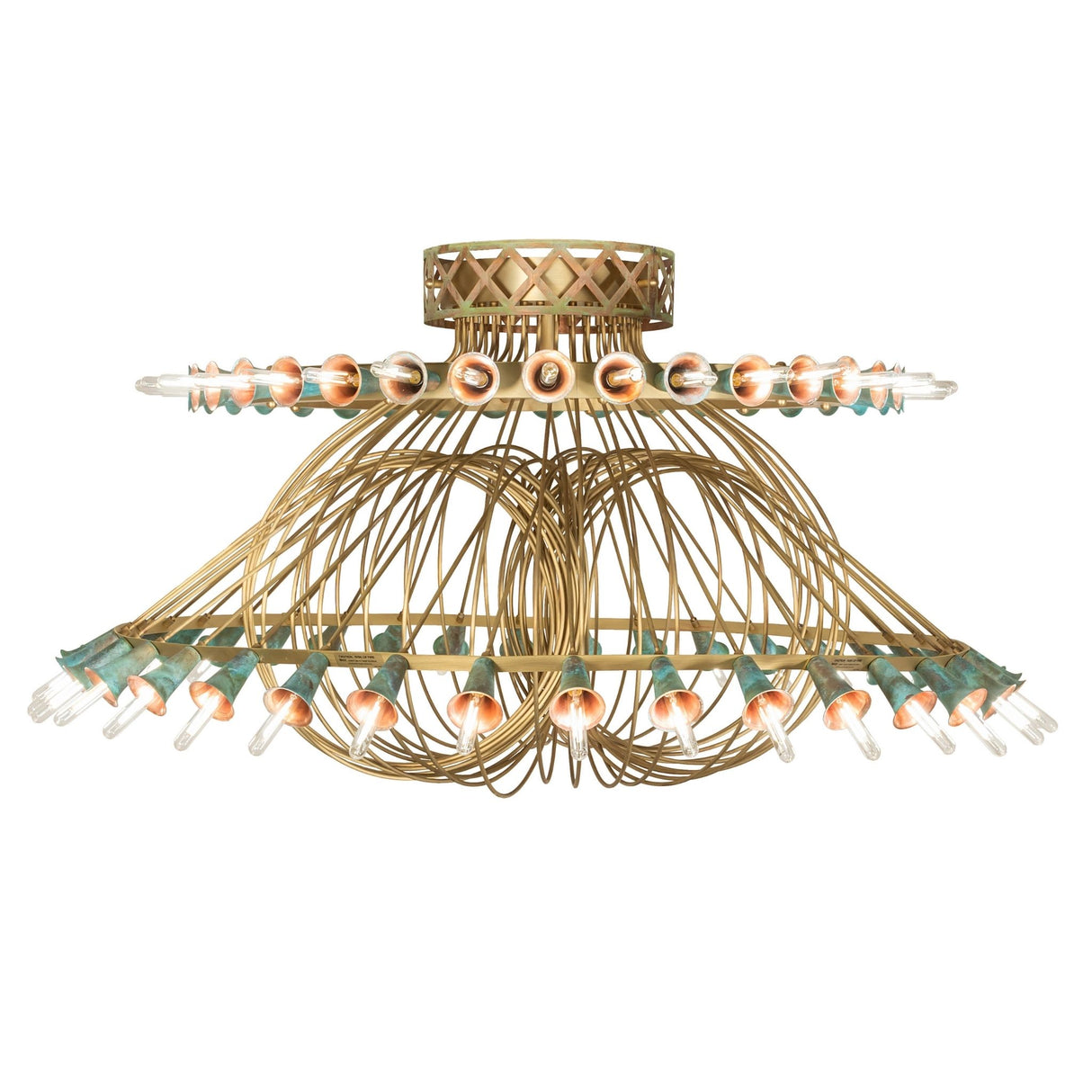 Side view of Coyle chandelier showing layered brass tubing and light arrangement.