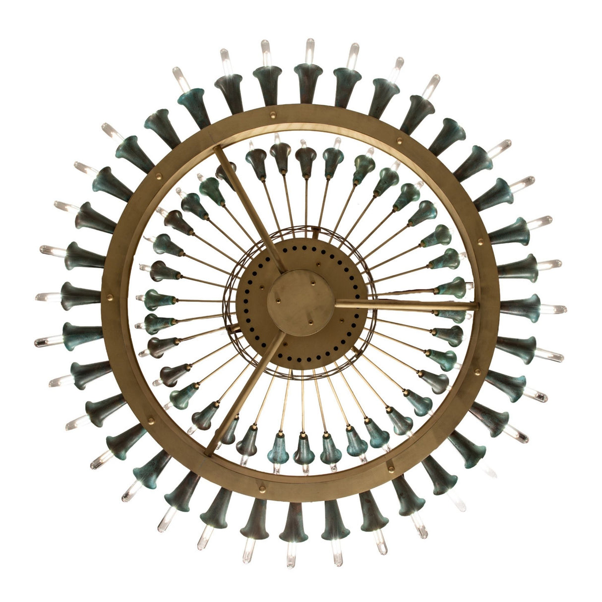 Underneath view of 72-light chandelier highlighting circular brass frame and socket cup layout.