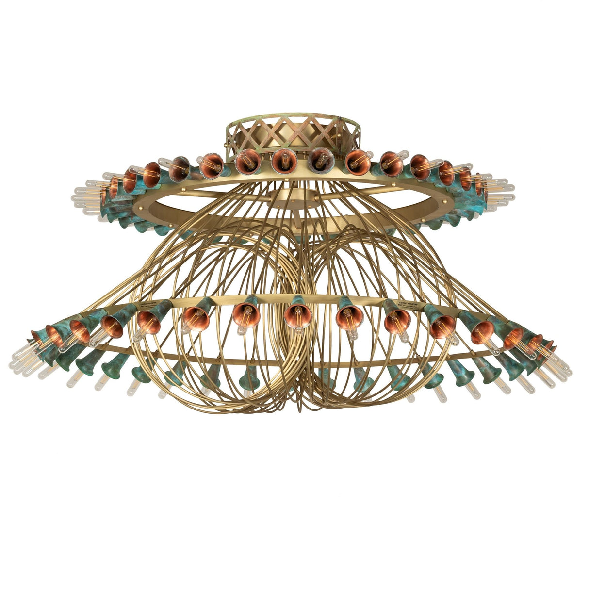 Coyle 72 light chandelier unlit showing brass tubing and trumpet lily cups.