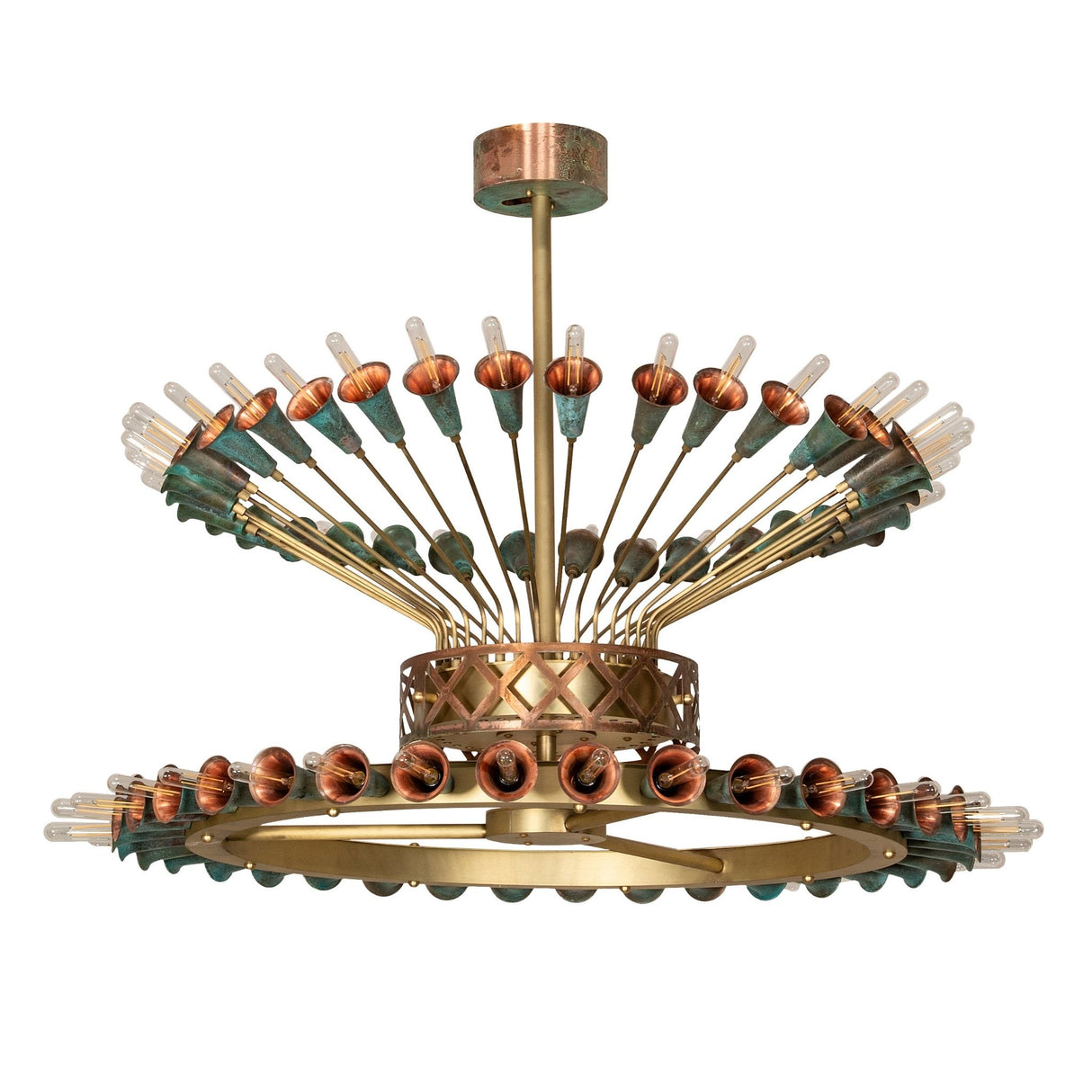 Coyle 72-light chandelier in brushed brass with verdigris copper cups, unlit.