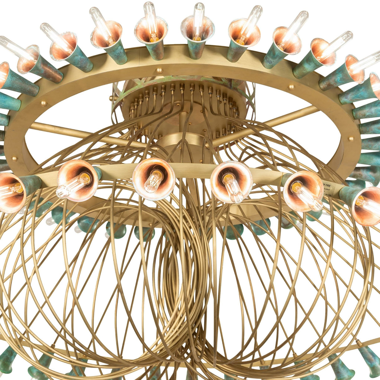 Upper tier view of Coyle chandelier with verdigris copper trumpet lily sockets.