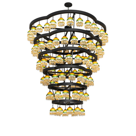 Lit view of 108 light chandelier with tiered circular frame.