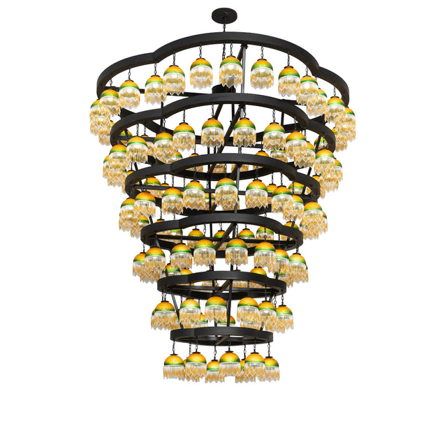 Lit view of 108 light chandelier with tiered circular frame.
