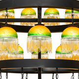 Close-up of glass shades arranged around chandelier ring.