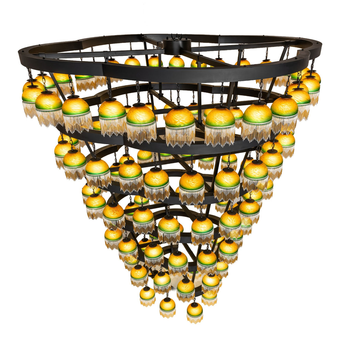Top angle view showing the wide multi-tier rings and suspended lights.